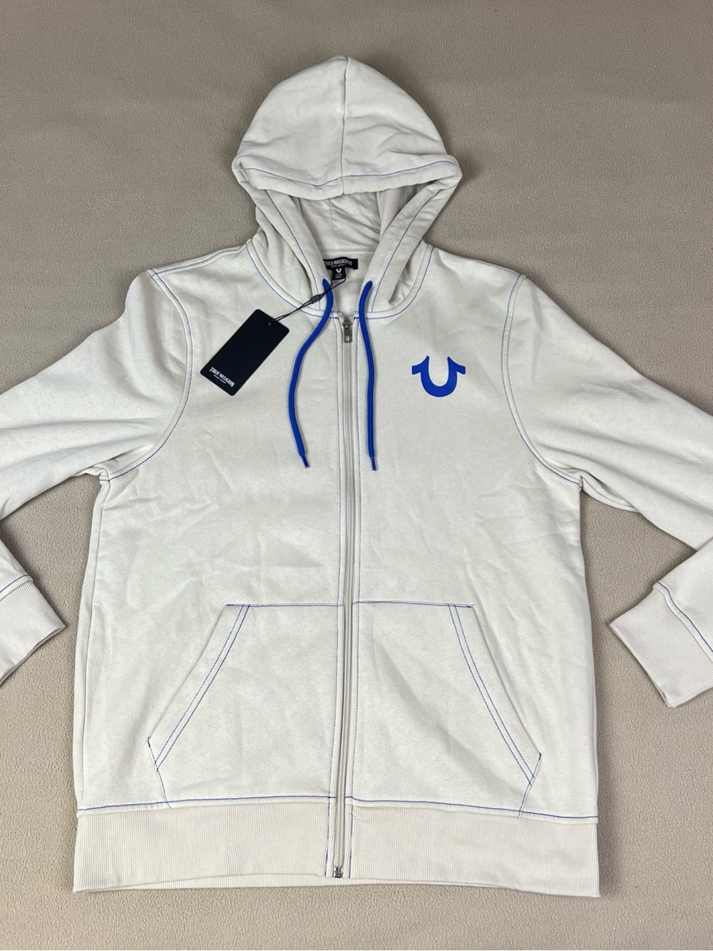True Religion Contrast TR Full Zip Hoodie, Buddha Logo. Fog Beige. Sz Large